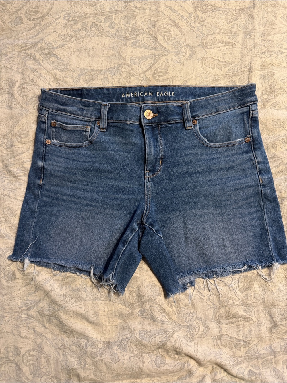 American Eagle Outfitters Medium Blue High-Rise Frayed Hem Jean Shorts